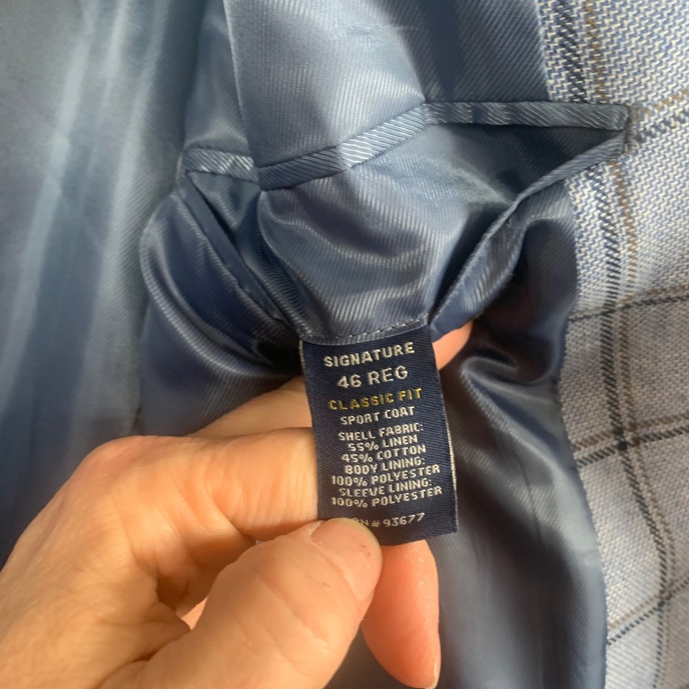 Stafford Classic Fit Linen Blend Blue Windowpane Blazer Size 46Reg - Picture 9 of 12